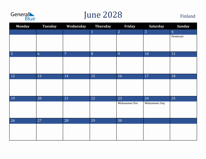 June 2028 Finland Calendar (Monday Start)