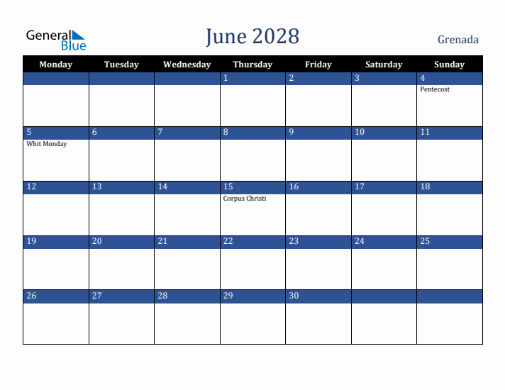 June 2028 Grenada Calendar (Monday Start)