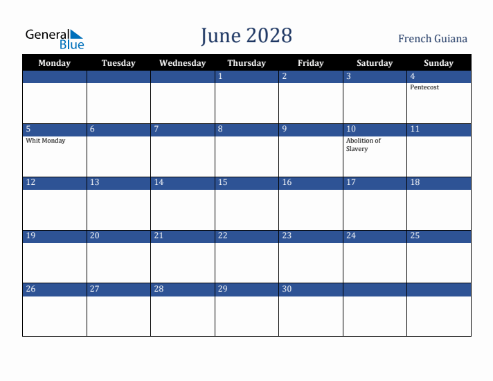 June 2028 French Guiana Calendar (Monday Start)