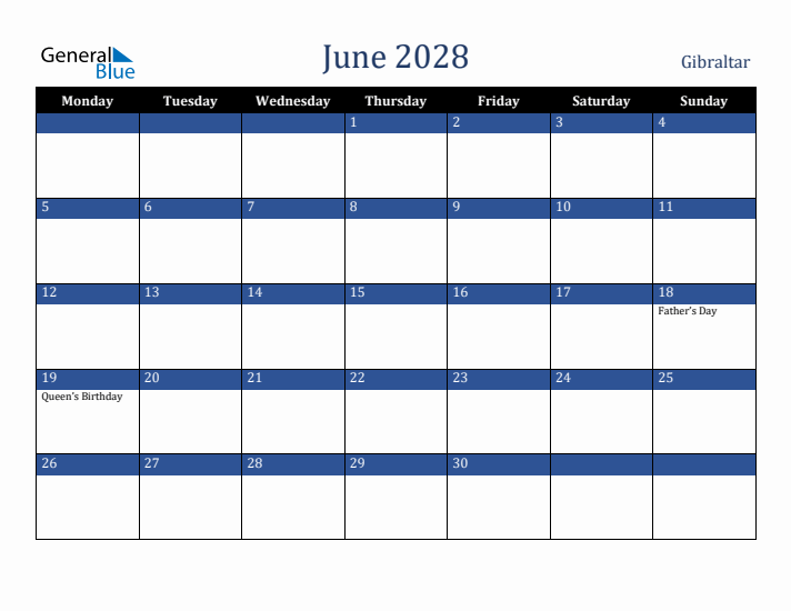 June 2028 Gibraltar Calendar (Monday Start)