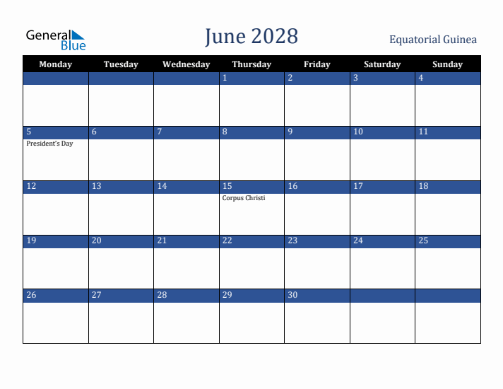 June 2028 Equatorial Guinea Calendar (Monday Start)
