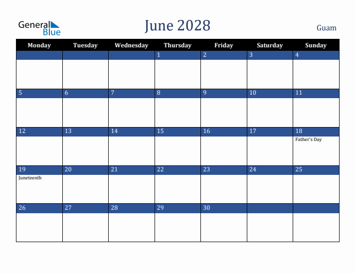 June 2028 Guam Calendar (Monday Start)