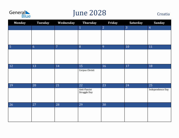 June 2028 Croatia Calendar (Monday Start)