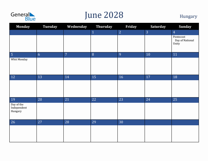 June 2028 Hungary Calendar (Monday Start)