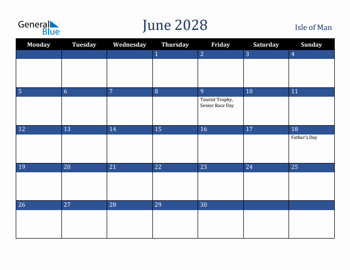 June 2028 Isle of Man Calendar (Monday Start)
