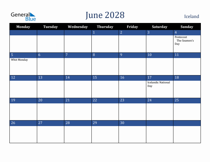 June 2028 Iceland Calendar (Monday Start)