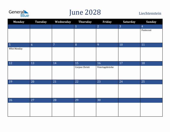 June 2028 Liechtenstein Calendar (Monday Start)