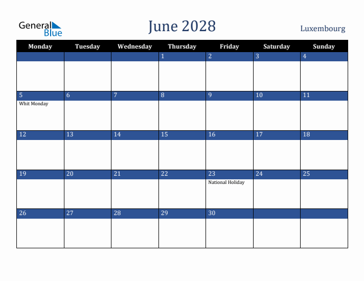 June 2028 Luxembourg Calendar (Monday Start)
