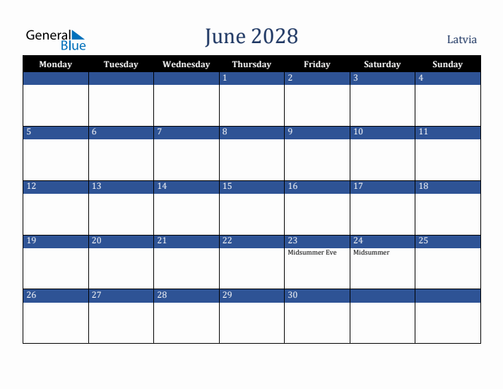 June 2028 Latvia Calendar (Monday Start)