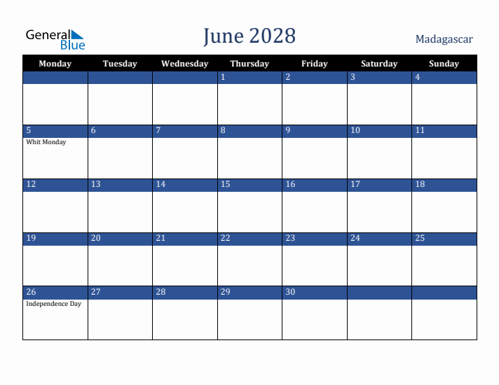 June 2028 Madagascar Calendar (Monday Start)