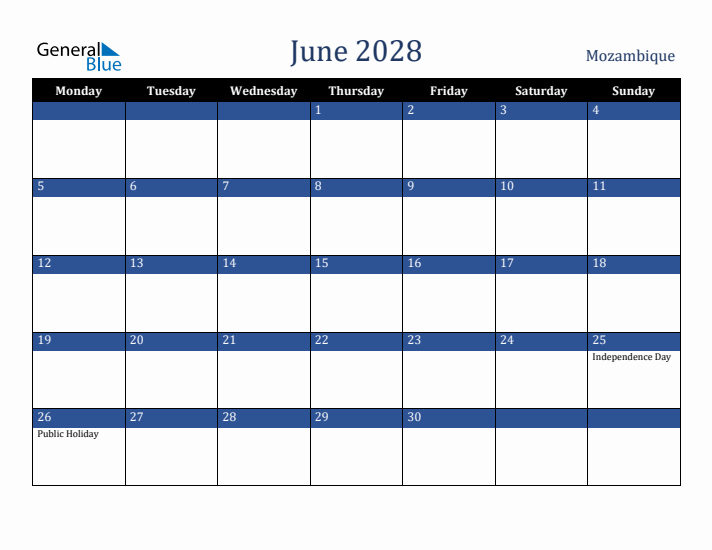 June 2028 Mozambique Calendar (Monday Start)