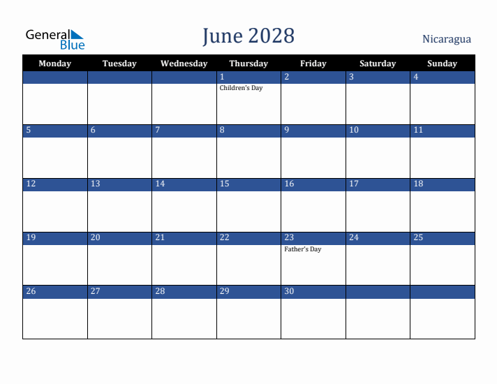 June 2028 Nicaragua Calendar (Monday Start)