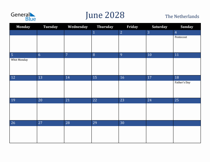 June 2028 The Netherlands Calendar (Monday Start)