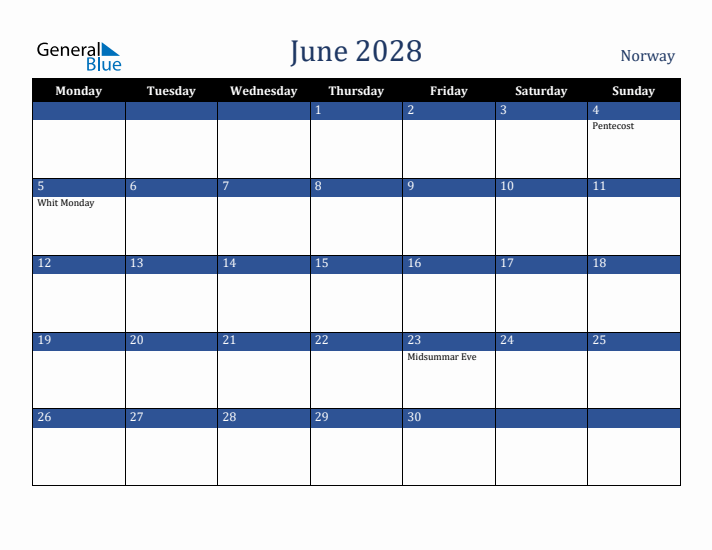 June 2028 Norway Calendar (Monday Start)