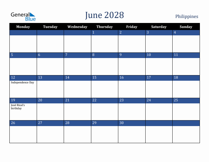 June 2028 Philippines Calendar (Monday Start)