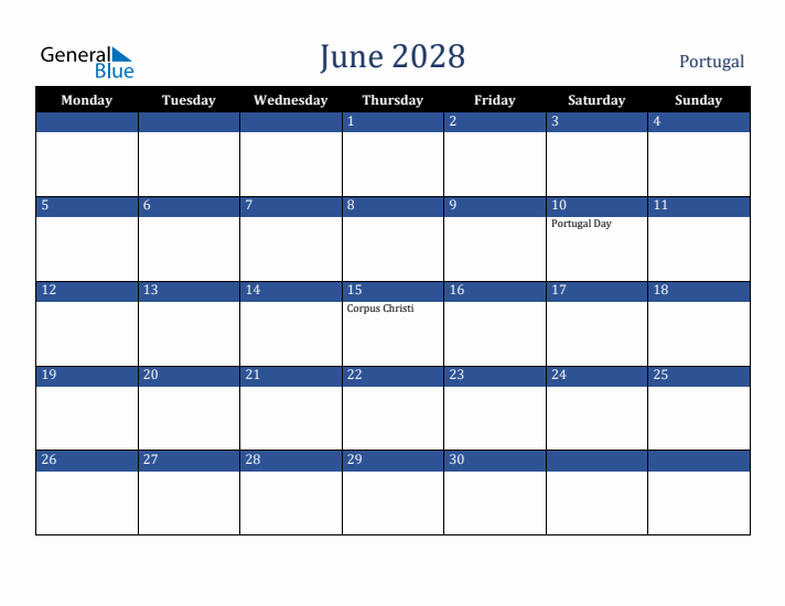 June 2028 Portugal Calendar (Monday Start)