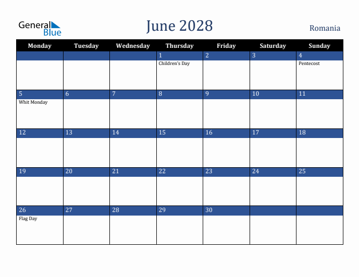 June 2028 Romania Calendar (Monday Start)