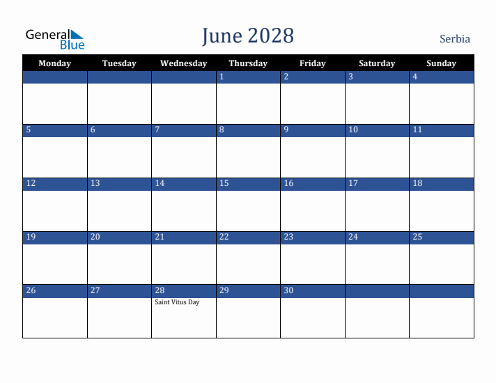 June 2028 Serbia Calendar (Monday Start)