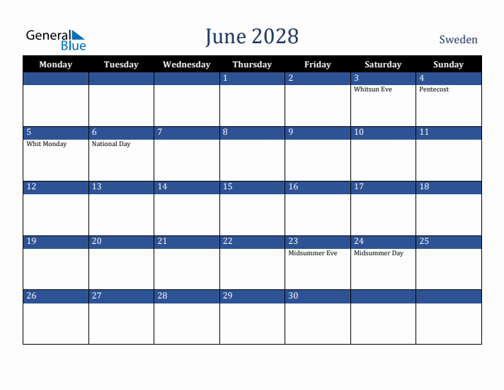 June 2028 Sweden Calendar (Monday Start)