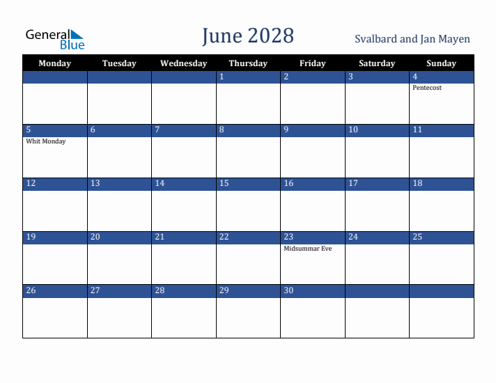 June 2028 Svalbard and Jan Mayen Calendar (Monday Start)