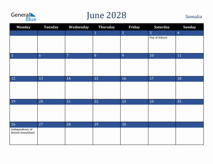 June 2028 Somalia Calendar (Monday Start)