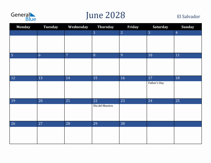 June 2028 El Salvador Calendar (Monday Start)