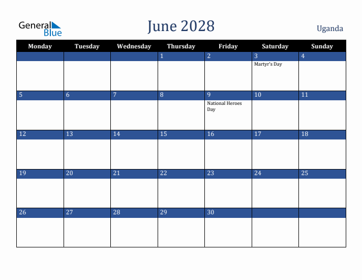 June 2028 Uganda Calendar (Monday Start)