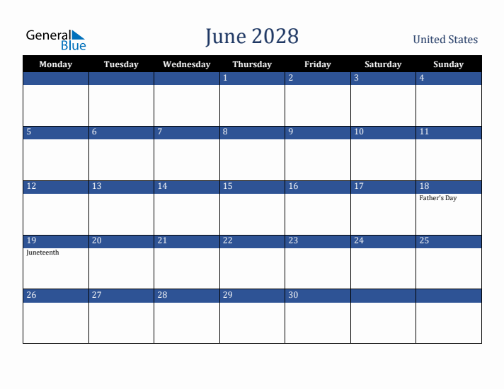June 2028 United States Calendar (Monday Start)