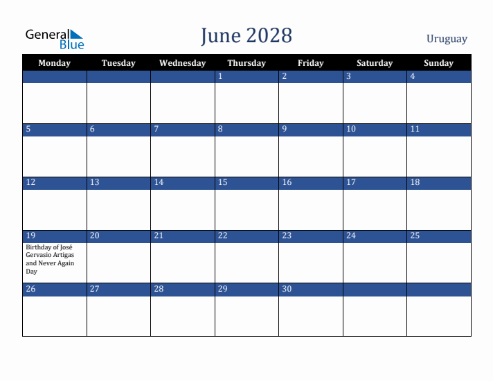 June 2028 Uruguay Calendar (Monday Start)