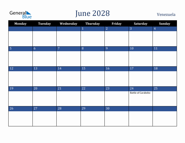 June 2028 Venezuela Calendar (Monday Start)