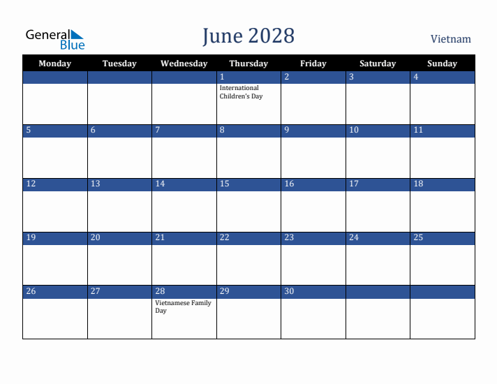June 2028 Vietnam Calendar (Monday Start)