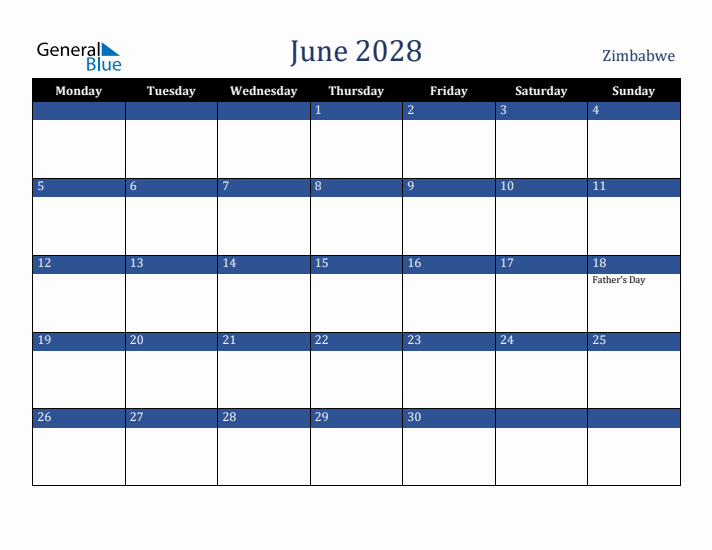June 2028 Zimbabwe Calendar (Monday Start)