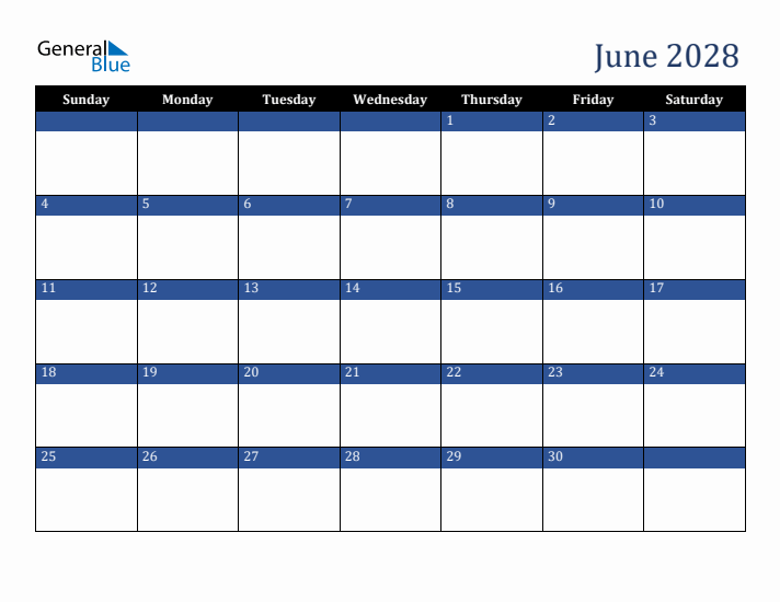 Sunday Start Calendar for June 2028