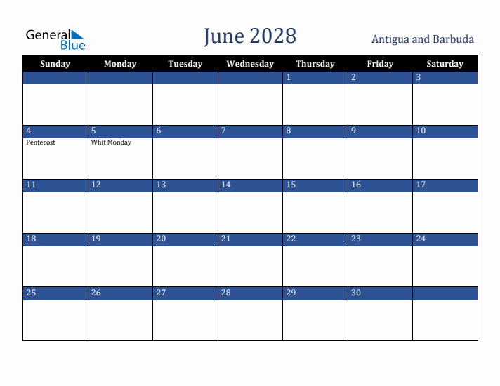 June 2028 Antigua and Barbuda Calendar (Sunday Start)