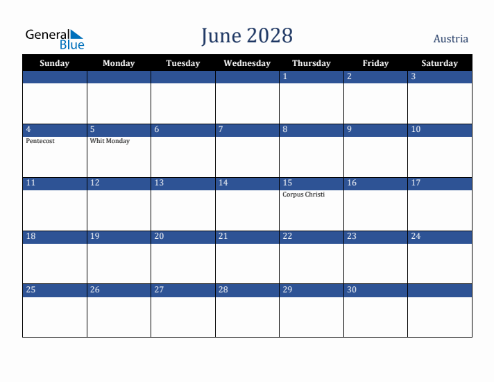 June 2028 Austria Calendar (Sunday Start)