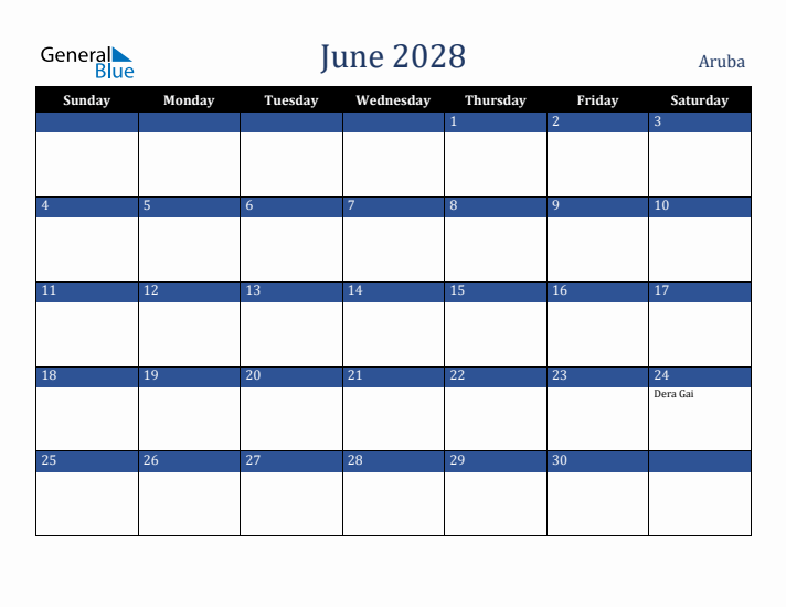 June 2028 Aruba Calendar (Sunday Start)