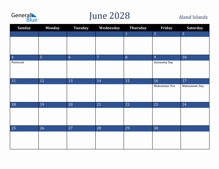 June 2028 Aland Islands Calendar (Sunday Start)