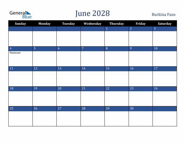 June 2028 Burkina Faso Calendar (Sunday Start)