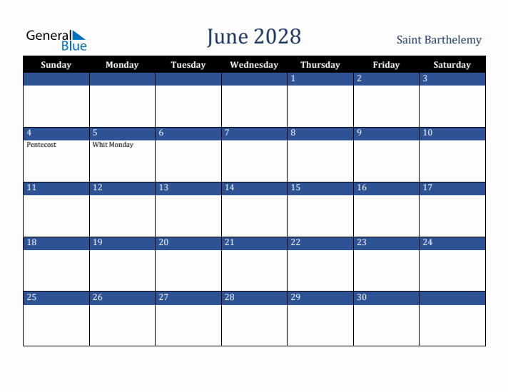 June 2028 Saint Barthelemy Calendar (Sunday Start)