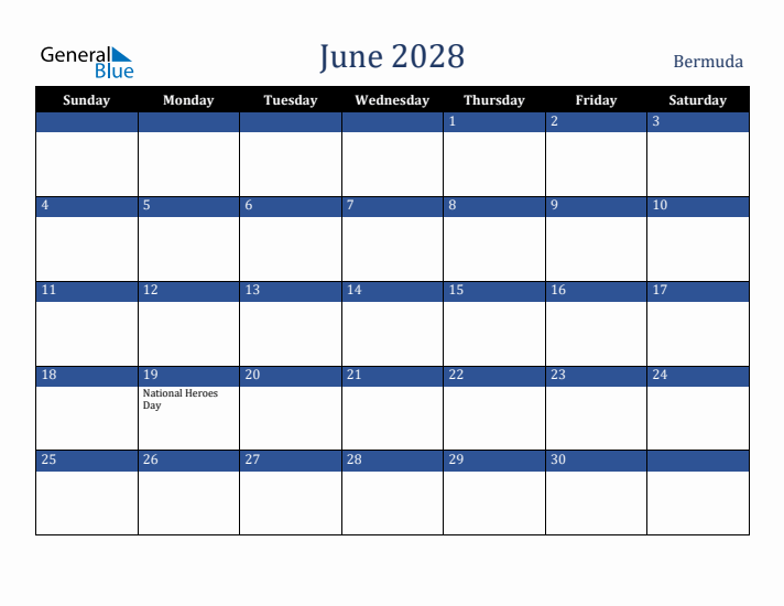 June 2028 Bermuda Calendar (Sunday Start)