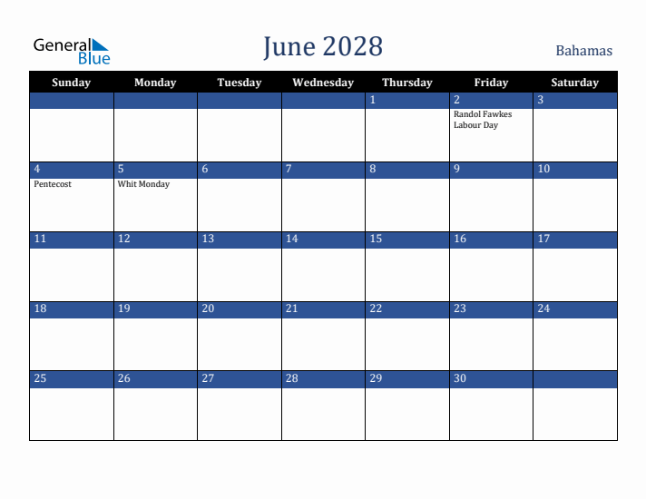June 2028 Bahamas Calendar (Sunday Start)