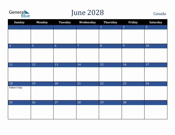June 2028 Canada Calendar (Sunday Start)