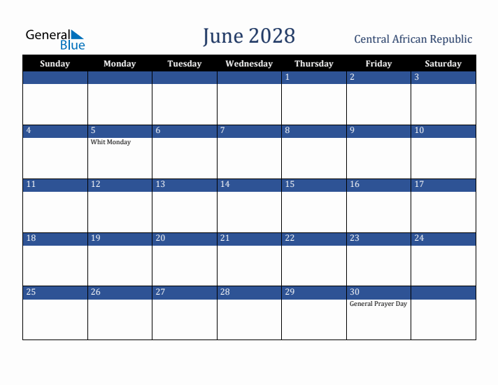 June 2028 Central African Republic Calendar (Sunday Start)