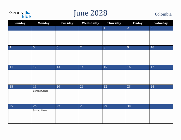 June 2028 Colombia Calendar (Sunday Start)