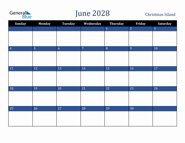 June 2028 Christmas Island Calendar (Sunday Start)