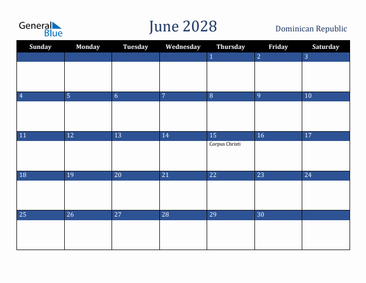 June 2028 Dominican Republic Calendar (Sunday Start)