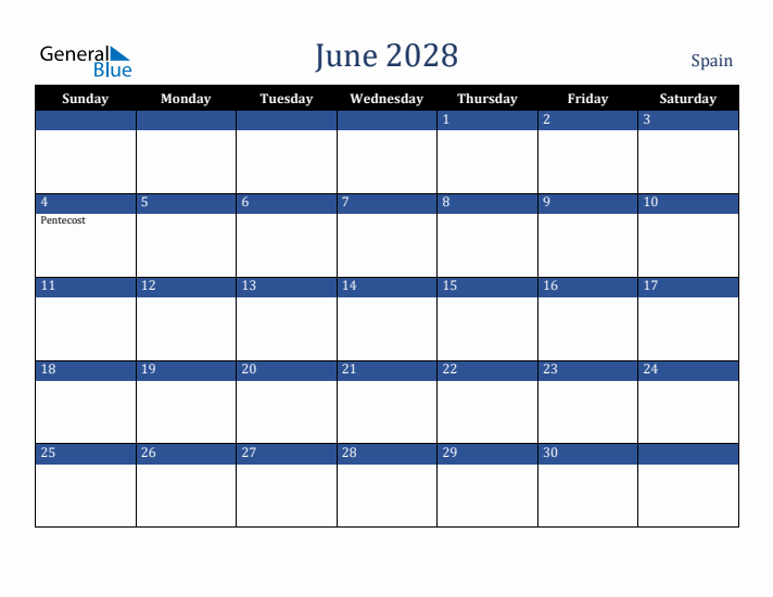 June 2028 Spain Calendar (Sunday Start)