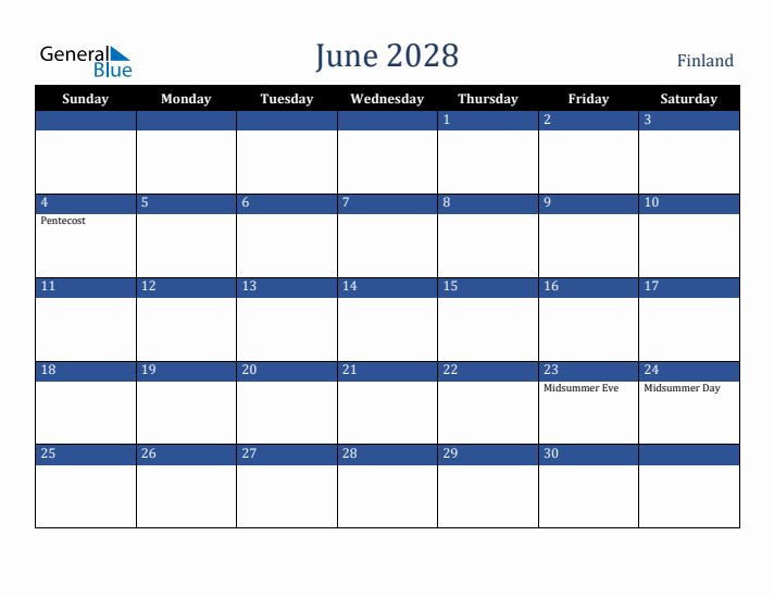 June 2028 Finland Calendar (Sunday Start)