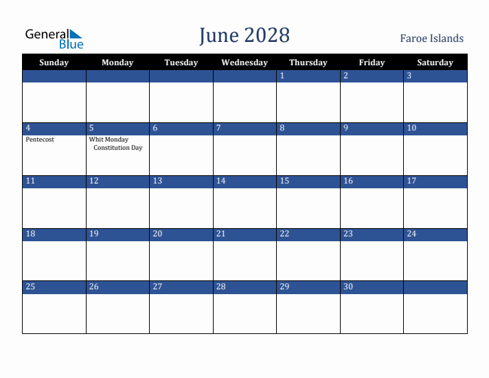 June 2028 Faroe Islands Calendar (Sunday Start)