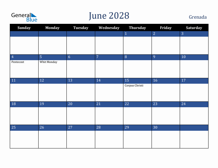 June 2028 Grenada Calendar (Sunday Start)